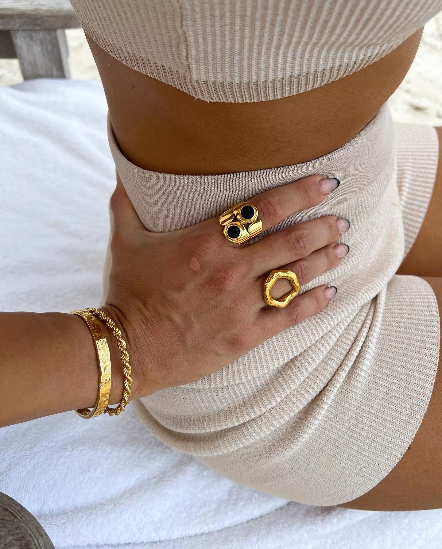 Top Quality Geometric Wide Stainless Steel Ring 18K Gold Color Waterproof 